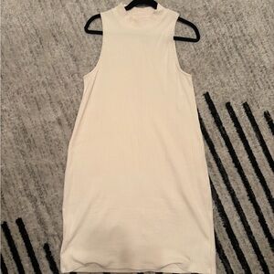 High neck midi length ribbed cream dress